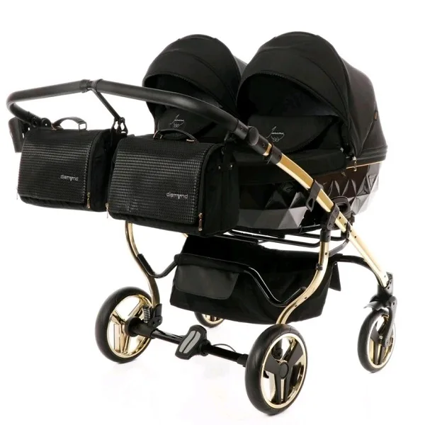 Детская коляска для двойни Junama Diamond Duo Special 2 в 1, JDS-02 Duo черный/черный /рама золото — главный ракурс