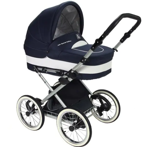 Детская коляска Jedo Classic Bartatina Elegance Alu Plus JSE 2 в 1, ткань+кожа, амортизация на ремнях, серебряное шасси — главный ракурс