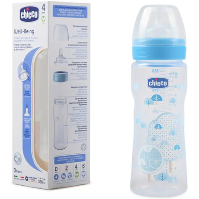 Бутылочка Chicco Well-Being Boy / Girl Чико Велл-Биинг Бой / Герл 330 мл, 4 мес.+, сил. соска, РР — фото 1