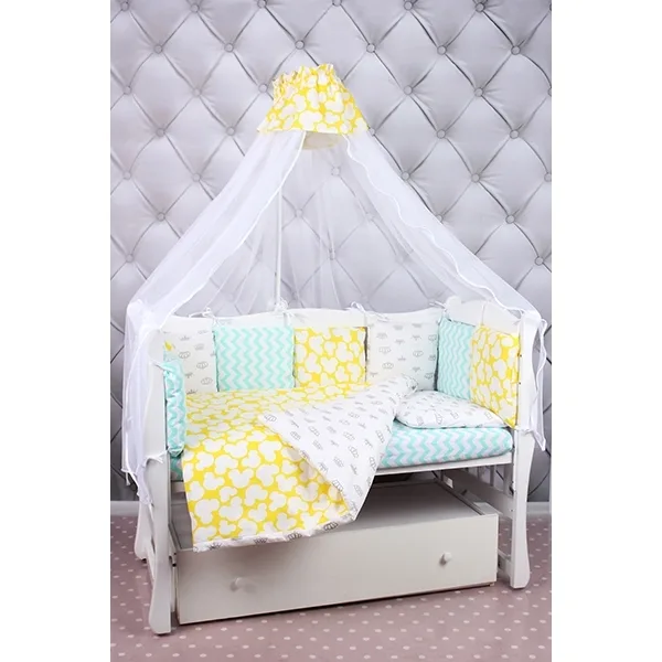 Комплект Premium в кроватку AmaroBaby Happy Baby, 19 предметов (7+12 бортиков), бязь, Мятный - Желтый, Бязь — главный ракурс