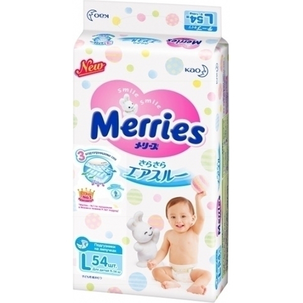 Детские подгузники Merries L, 9-14 кг, 54 штуки — фото 1