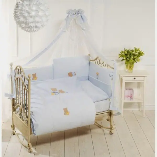 Комплект постельного белья Feretti Sleepy Bears Long 6 предметов борт на всю кроватку, Blue Голубой — главный ракурс