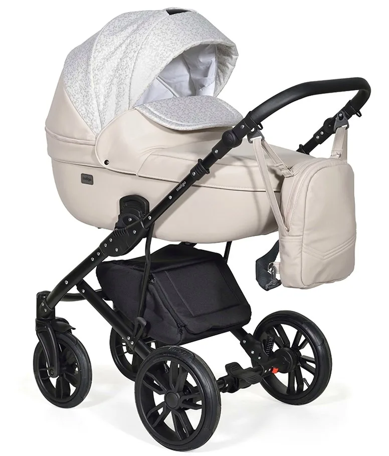 Детская коляска Indigo Mio+F 3 в 1, Mi 01 белая кожа+белый узор — главный ракурс
