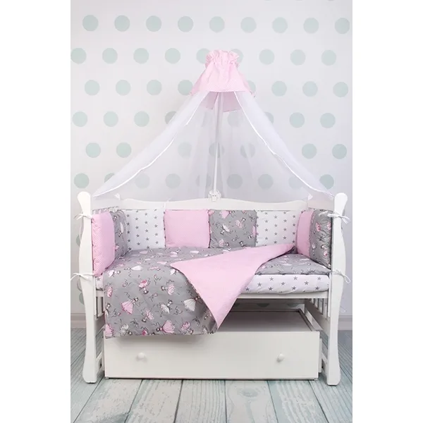 Комплект Premium в кроватку AmaroBaby Мечта, 19 предметов (7+12 бортиков), поплин/бязь, Серый - Розовый, Поплин - Бязь — главный ракурс