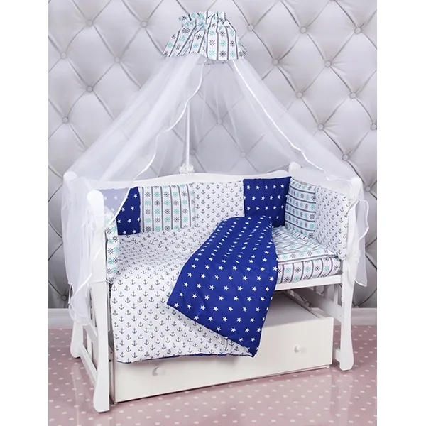 Комплект Premium в кроватку AmaroBaby Бриз, 18 предметов (6+12 бортиков), бязь, Синий - Белый, Бязь — главный ракурс