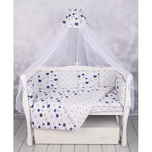 Комплект постели WB Premium в кроватку AmaroBaby Космос, 15 предметов, бязь, Бязь, Белый — главный ракурс