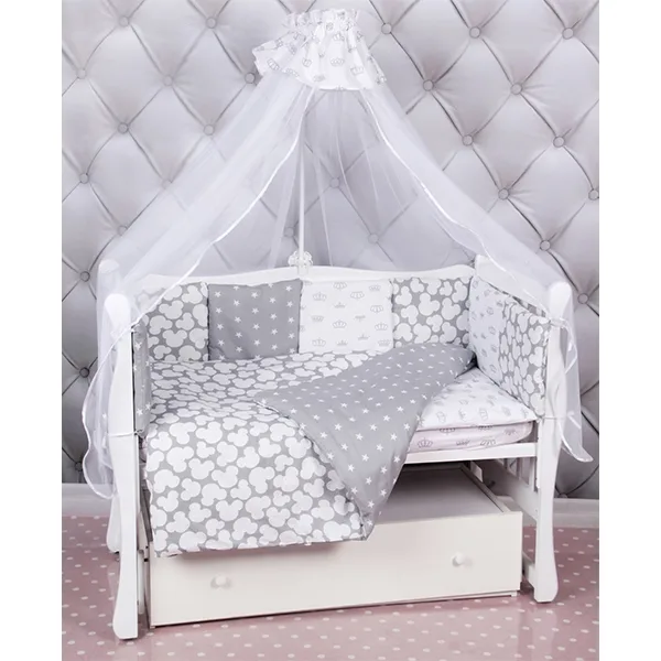Комплект постели в кроватку AmaroBaby Silver, 18 предметов, Серый — главный ракурс