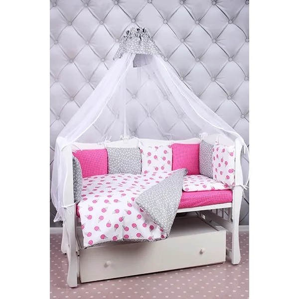 Комплект Premium в кроватку AmaroBaby Sweet, 19 предметов (7+12 бортиков), бязь, Малиновый - Белый, Бязь — главный ракурс
