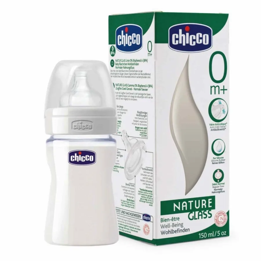 Бутылочка Chicco Well Being Nature Glass Стекло,150 мл, сил. соска, норм. поток, 0+, Вариант 1 — главный ракурс