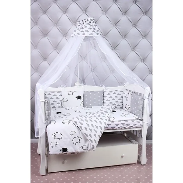Комплект Premium в кроватку AmaroBaby Good Night, 19 предметов (7+12 бортиков), поплин/бязь, Белый - Серый, Поплин - Бязь — главный ракурс