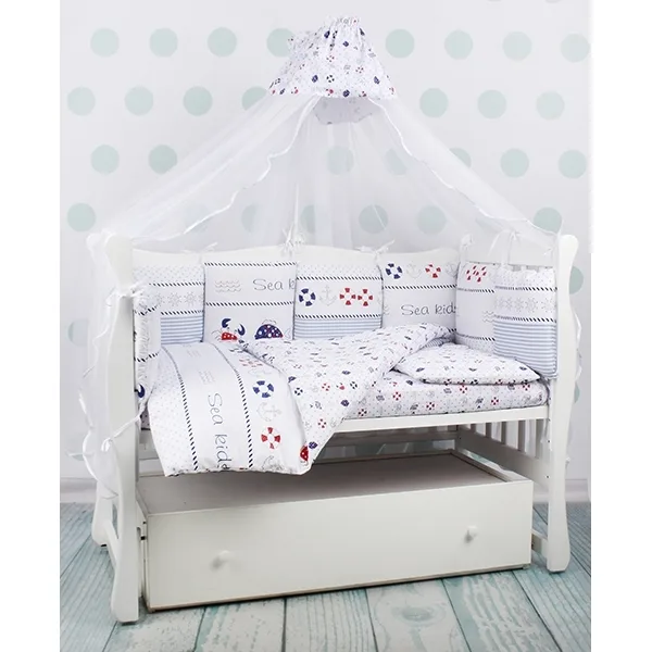 Комплект Premium в кроватку AmaroBaby Круиз, 18 предметов (6+12 бортиков), сатин, Сатин, Белый — главный ракурс