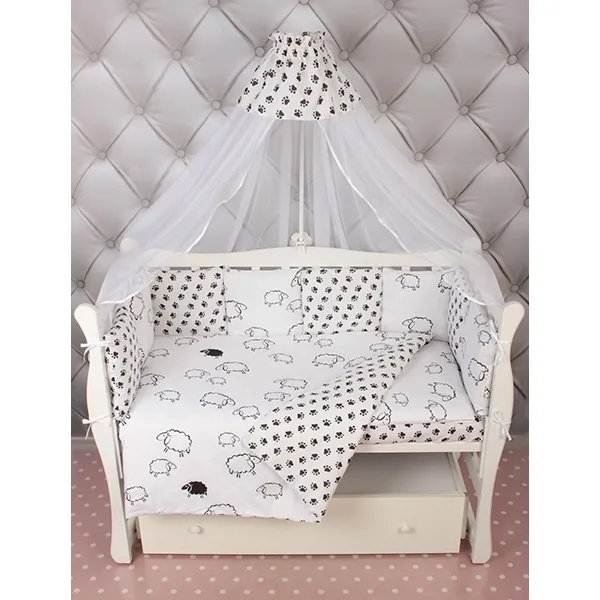 Бортик в кроватку AmaroBaby Home Elite, 12 подушек, поплин/бязь, Белый - Черный, Поплин - Бязь — главный ракурс