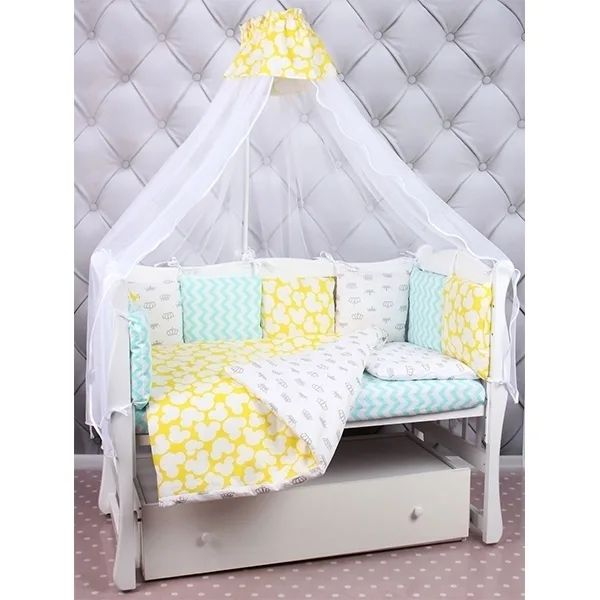 Комплект в кроватку AmaroBaby Happy Baby, 4 предмета, поплин / бязь, Мятный - Желтый — главный ракурс