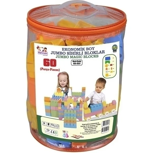Конструктор Pilsan Jumbo Magic Blocks 60 деталей в ведре, 03-227, разноцветный — главный ракурс