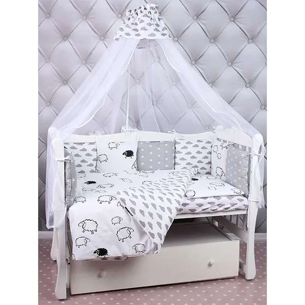 Универсальный комплект постели в кроватку AmaroBaby Good Night, 19 предметов, Белый - Серый — главный ракурс