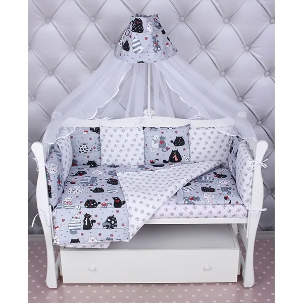 Комплект постели WB Premium в кроватку AmaroBaby Котики, 15 предметов, бязь, Бязь, Серый — главный ракурс