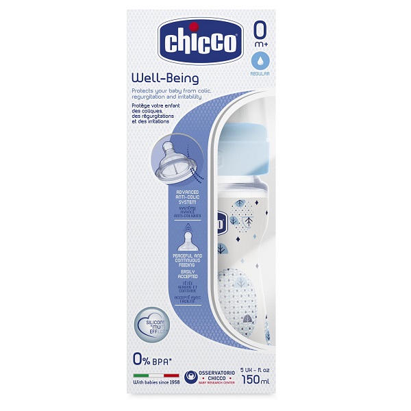 Бутылочка Chicco Well-Being Boy / Girl Чико Велл-Биинг Бой / Герл 150 мл, 0 мес.+, сил. соска, РР — фото 2