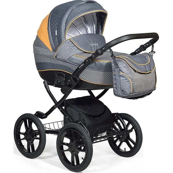 Детская коляска Indigo 18 Special Plus 14" 2 в 1, ткань + экокожа, Sp 02 Коричневый - Бежевый узор - Бежевая кожа — главный ракурс