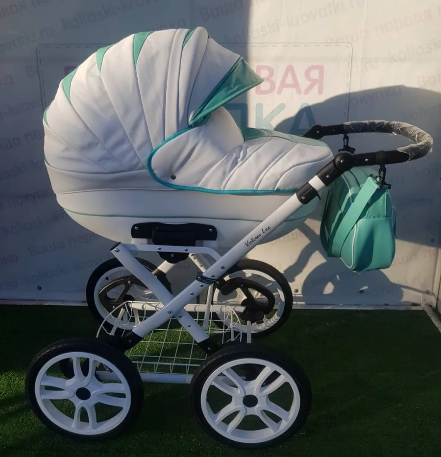 Детская коляска Ray Victoria Classic 2 в 1, 3 бирюзовая-белая кожа — главный ракурс