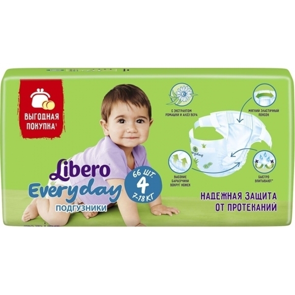 Детские подгузники Libero Everyday с ромашкой 4 Maxi, 7-18 кг, 66 штук фото 1