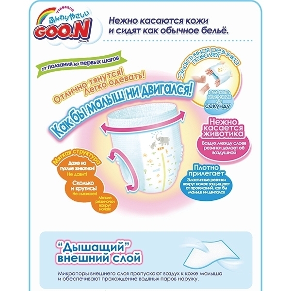 Детские трусики-подгузники Goo.N S, 5-9 кг, 62/60 штук фото 2