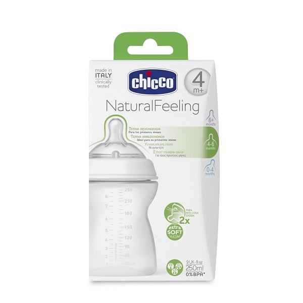 Бутылочка Chicco Natural Feeling сил. соска с наклоном, средний поток, PP, 2+, 250 мл фото 1