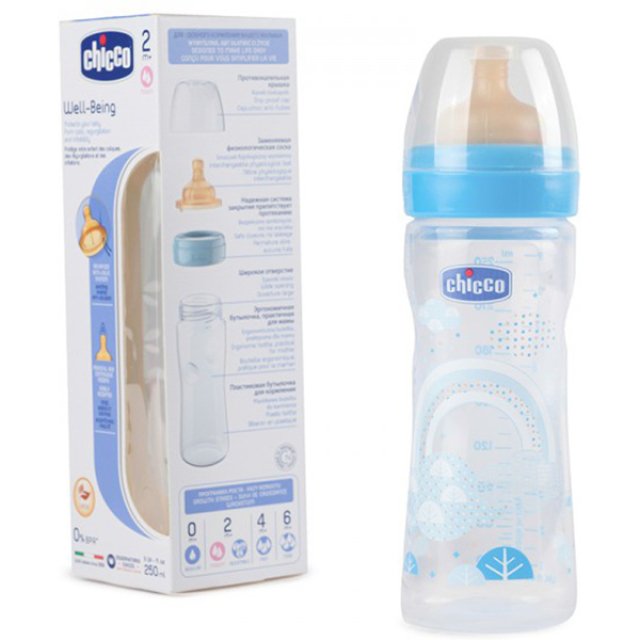 Бутылочка Chicco Well-Being Boy / Girl Чико Велл-Биинг Бой / Герл 250 мл, 2 мес.+, лат. соска, перем. поток, РР - Фото