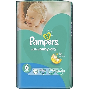 Детские подгузники Pampers Active Baby 6 Extra Large, 15 кг+, 16 штук