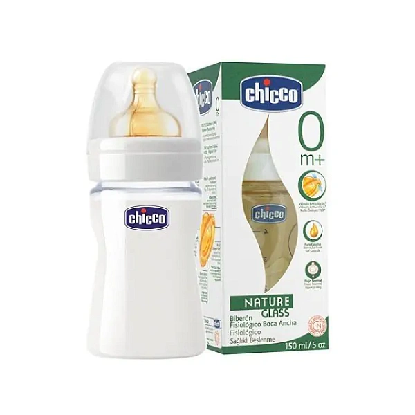 60040 Бутылочка Chicco стеклянная 150 мл  латексная соска,нормальный поток фото 1