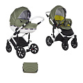 Детская коляска Tutis Mimi Style 2 в 1 на белой раме (337/3 Оливковый+Беж-черн. узор+ кожа Белая рама
						
					) — Фото