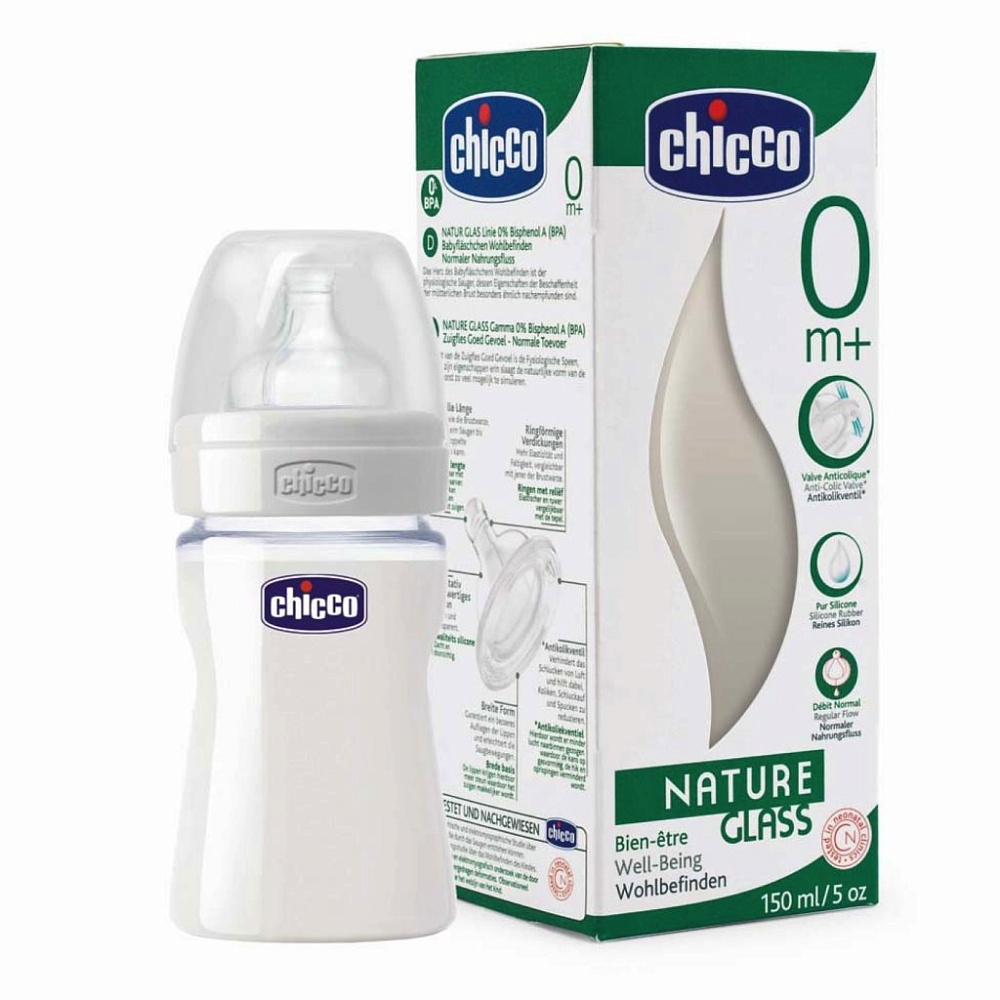 Бутылочка Chicco Well Being Nature Glass Стекло,150 мл, сил. соска, норм. поток, 0+ - Фото