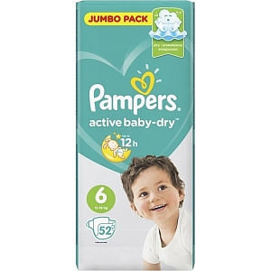 Детские подгузники Pampers Active Baby Dry 6, 13-18 кг, 52 штуки