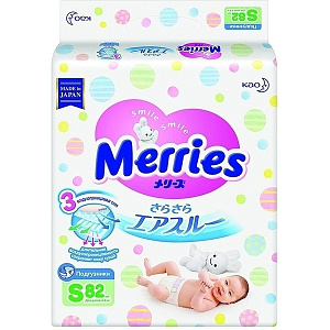 Детские подгузники Merries S, 4-8 кг, 82 штуки