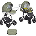 Детская коляска Tutis Mimi Style 2 в 1 на белой раме (337 Оливковый + цветной букле +  кожа белая рама
						
					) — Фото