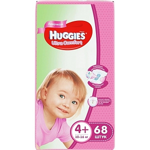 Подгузники для девочек Huggies Ultra Comfort 4+, 10-16 кг, 68 штук