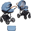 Детская коляска Tutis Mimi Style 2 в 1, ткань+эко-кожа (347 Голубой + синий + кожа коричневая
						
					) — Фото