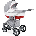 Детская коляска Caretto Caprise F 3 в 1, ткань+эко-кожа (Ca 01 (светло-серый+белая кожа+красный)
						
					) — Фото